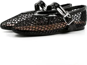 Fandimeier Mesh Ballet Flats for Women Fishnet Comfy Buckle Strap Ballerina Dressy Daily Flat Shoes