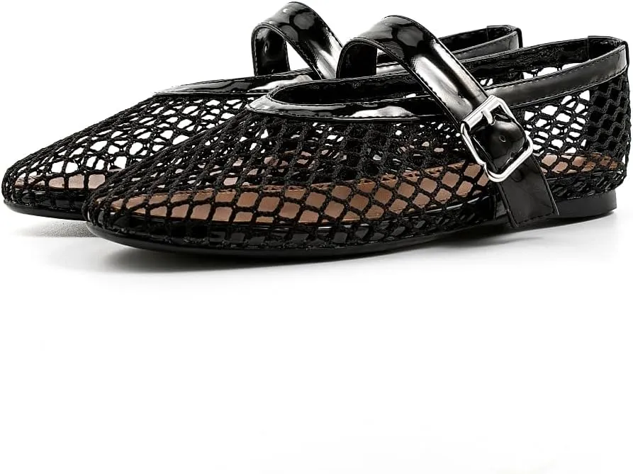 Fandimeier Mesh Ballet Flats for Women Fishnet Comfy Buckle Strap Ballerina Dressy Daily Flat Shoes