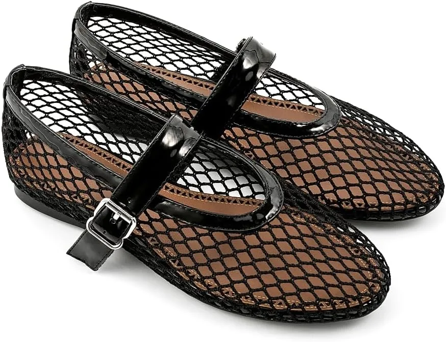 Fandimeier Mesh Ballet Flats for Women Fishnet Comfy Buckle Strap Ballerina Dressy Daily Flat Shoes