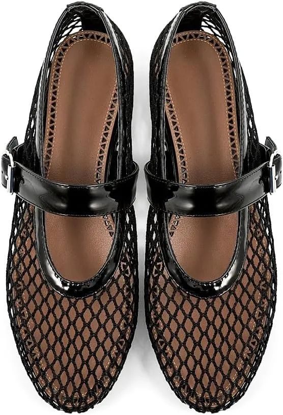 Fandimeier Mesh Ballet Flats for Women Fishnet Comfy Buckle Strap Ballerina Dressy Daily Flat Shoes