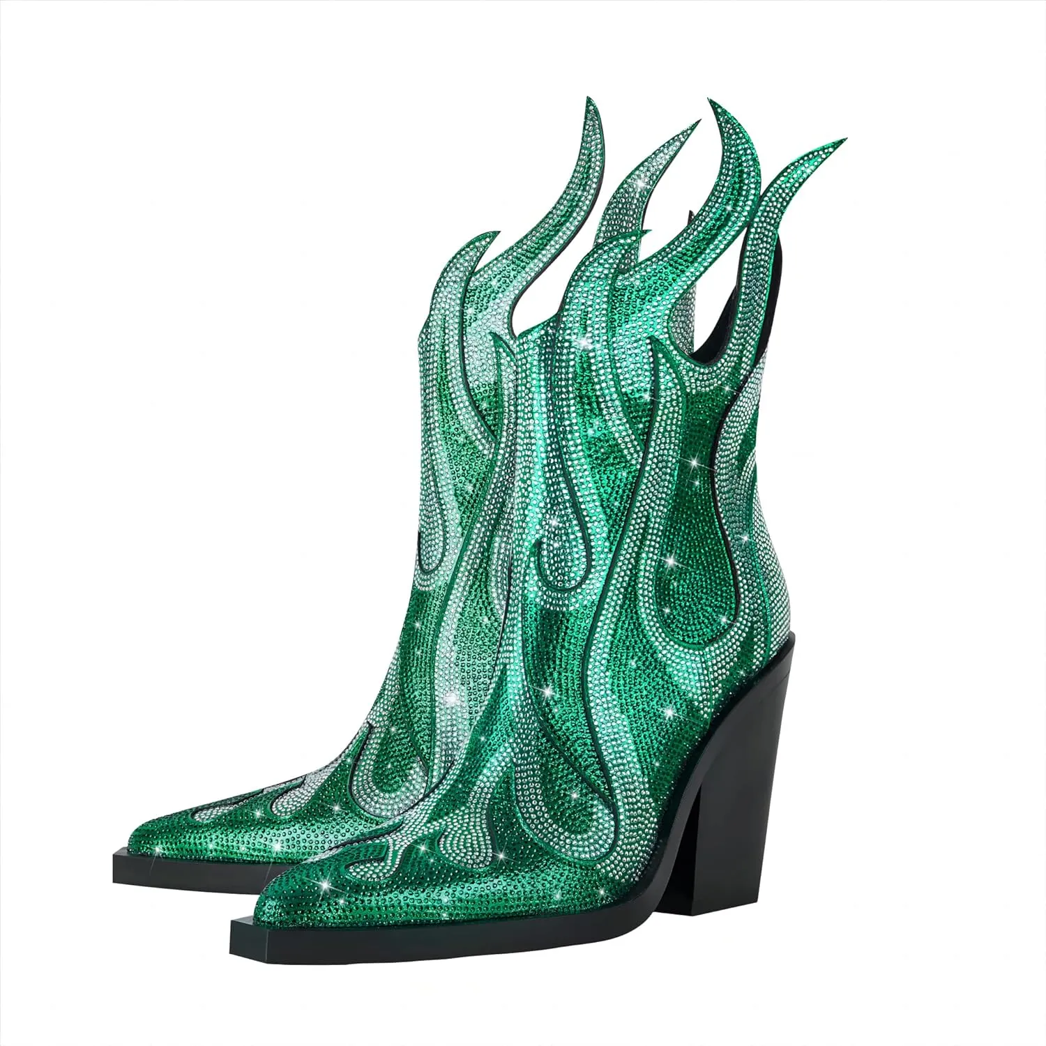 Feinlina Women's Rhinestone Flame Pointed Toe Block Chunky Heeled Boots Fashion Sparkly Cowboy Ankle Booties