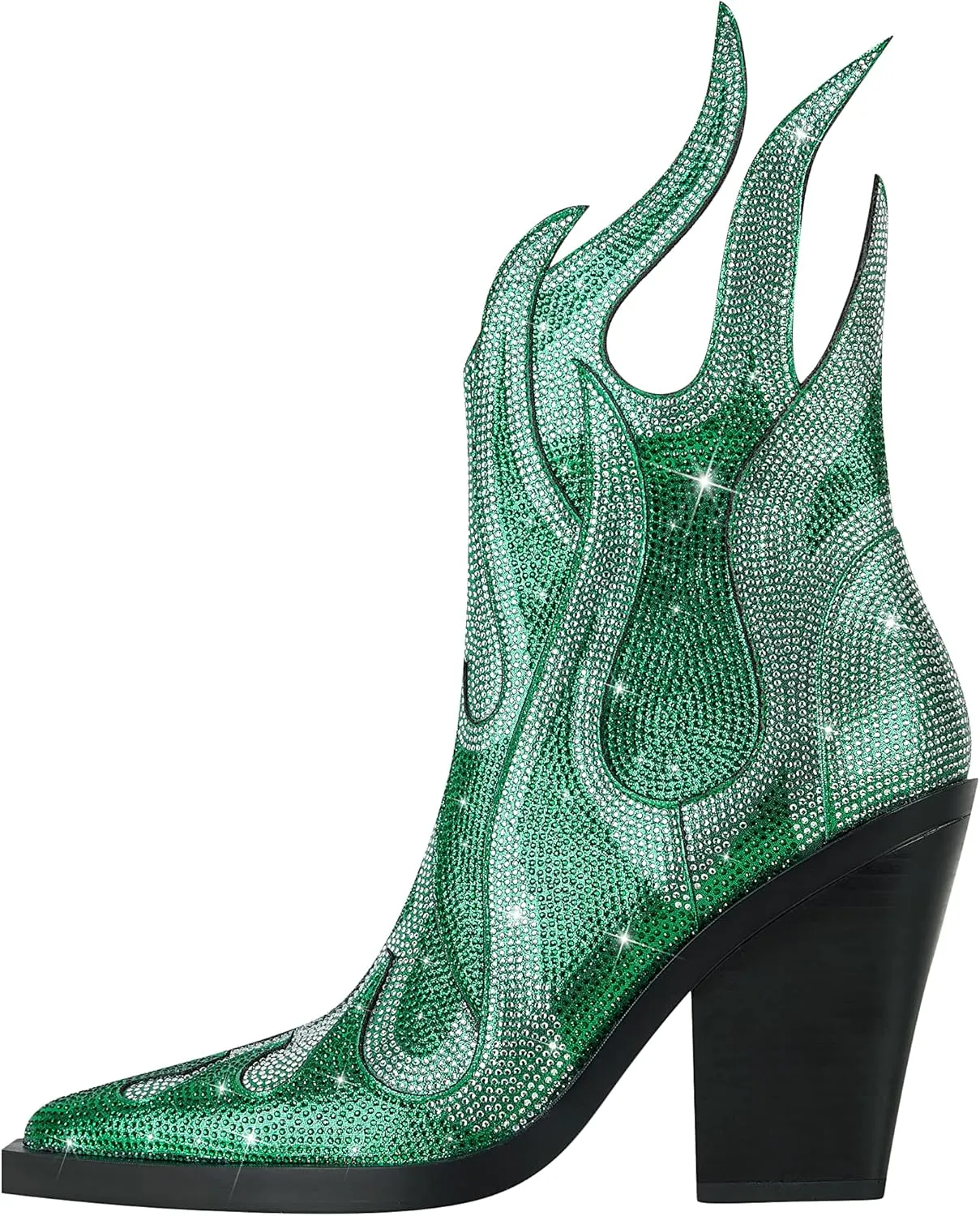 Feinlina Women's Rhinestone Flame Pointed Toe Block Chunky Heeled Boots Fashion Sparkly Cowboy Ankle Booties