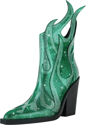 Feinlina Women's Rhinestone Flame Pointed Toe Block Chunky Heeled Boots Fashion Sparkly Cowboy Ankle Booties