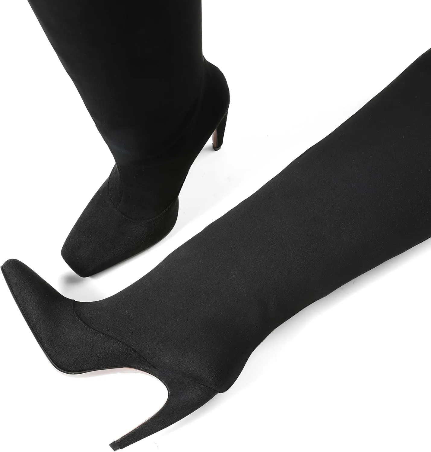 femflame Knee High Boots for Women Wide Calf Long Boots Suede Square Toe Pull On Stiletto Heel Tall Boots