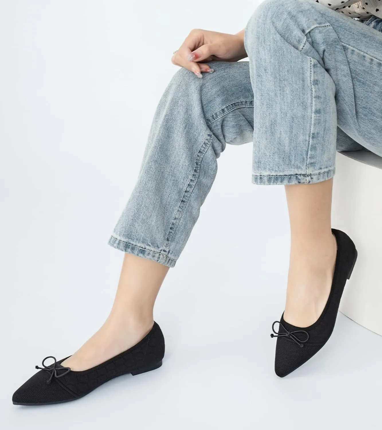 Flats for Womens Classic Pointed Toe Ballet Flats Comfortable Knit Dressy Bow Lightweight Casual for Work Office Flats Shoes
