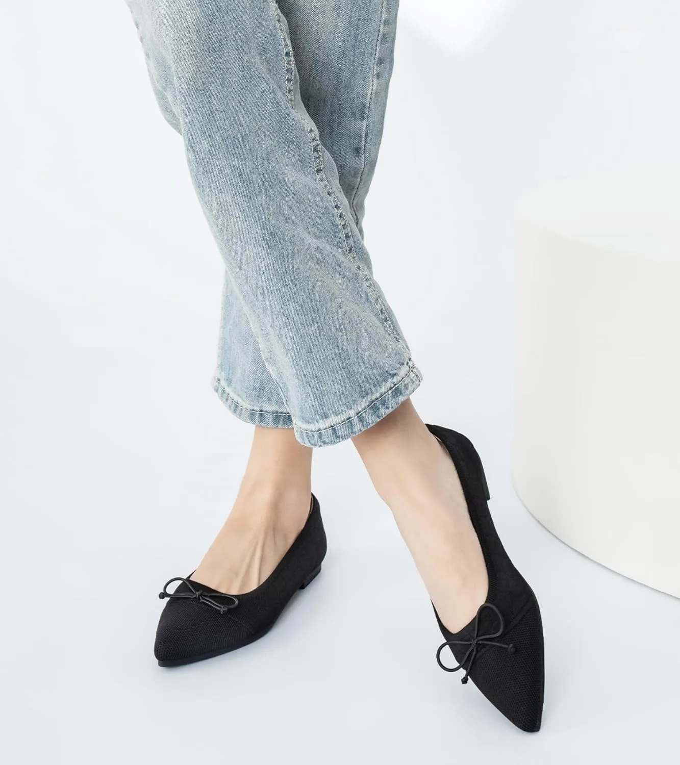 Flats for Womens Classic Pointed Toe Ballet Flats Comfortable Knit Dressy Bow Lightweight Casual for Work Office Flats Shoes