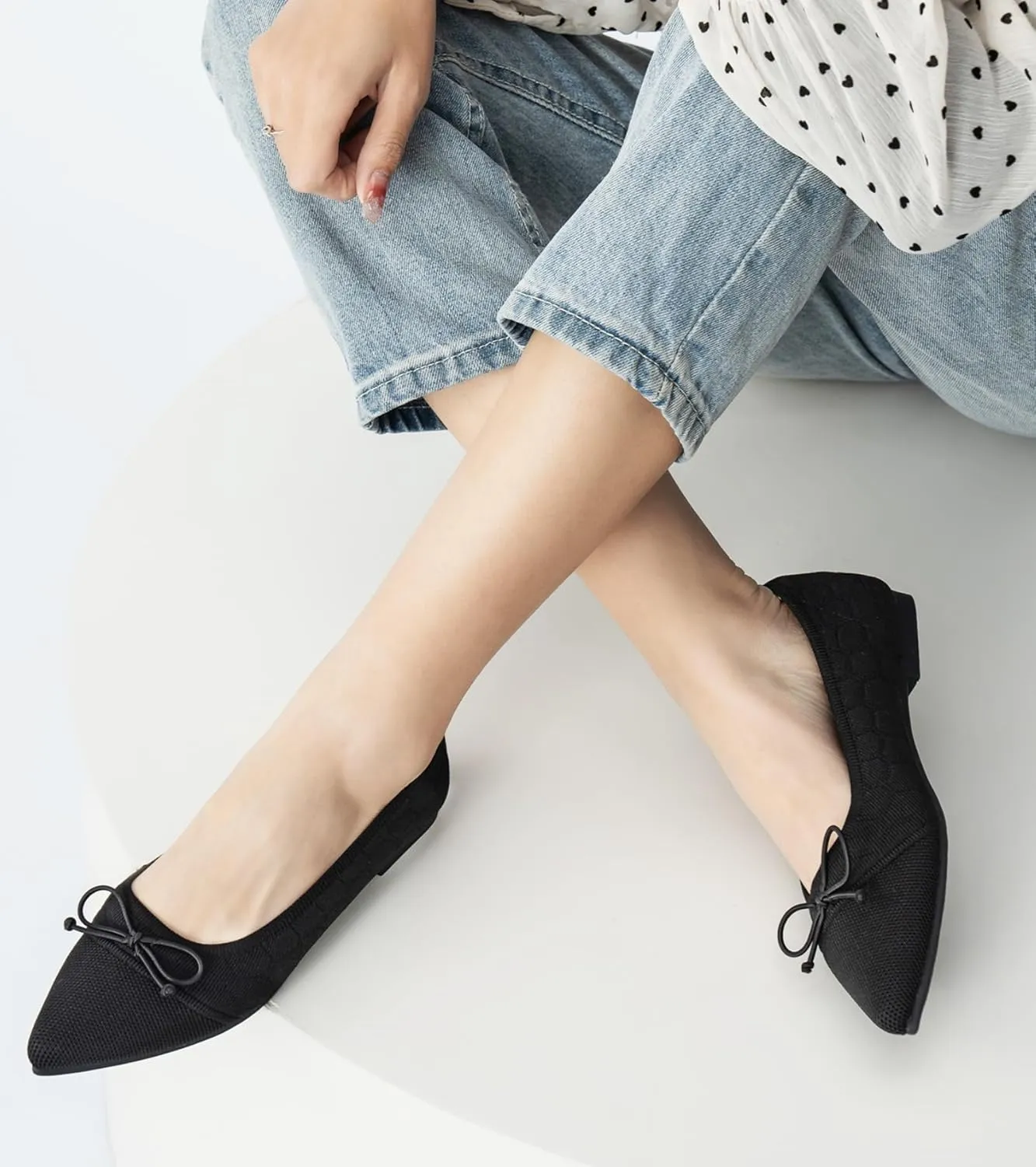 Flats for Womens Classic Pointed Toe Ballet Flats Comfortable Knit Dressy Bow Lightweight Casual for Work Office Flats Shoes