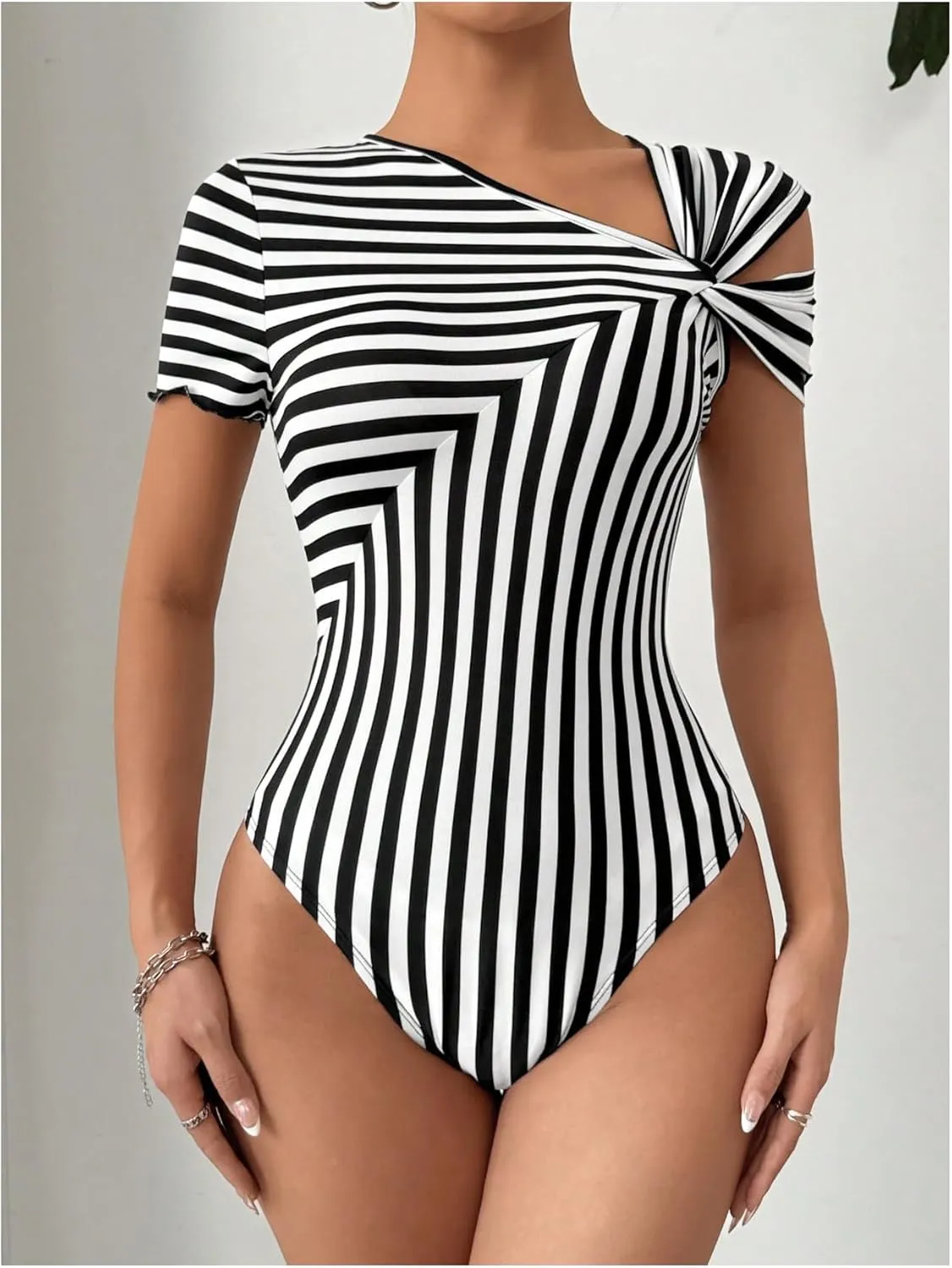Floerns Women's Striped Short Sleeve Twist Asymmetrical Neck Shirts Thong Bodysuits