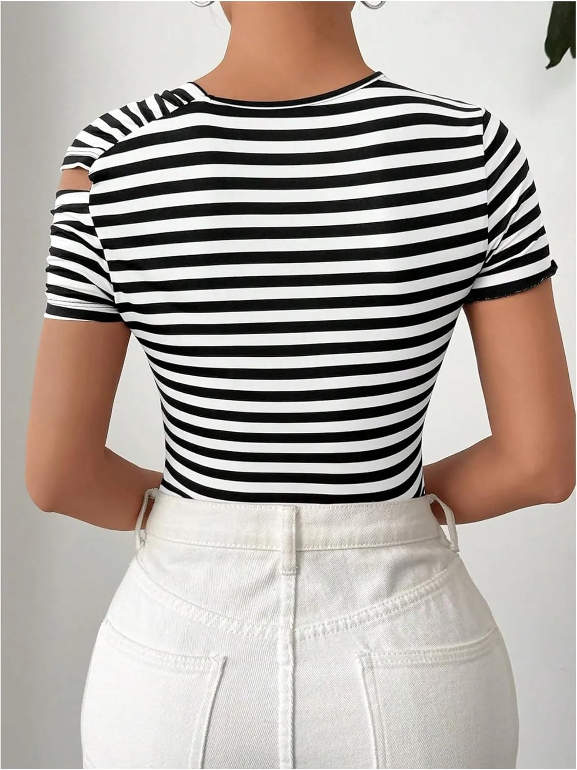 Floerns Women's Striped Short Sleeve Twist Asymmetrical Neck Shirts Thong Bodysuits