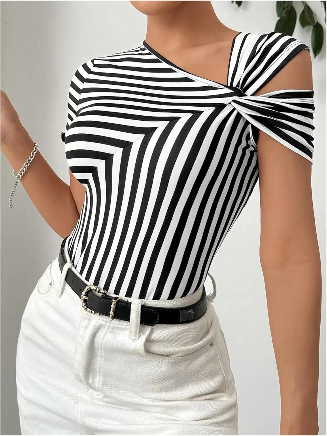 Floerns Women's Striped Short Sleeve Twist Asymmetrical Neck Shirts Thong Bodysuits