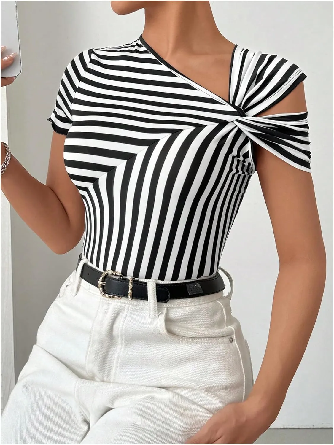 Floerns Women's Striped Short Sleeve Twist Asymmetrical Neck Shirts Thong Bodysuits