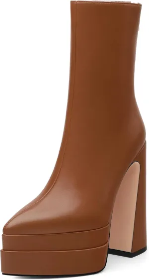 FOGEENA Platform Ankle Boots for Women Chunky Block Heel Pointed Toe Zipper 5.9 Inch Heeled Fall Boots Fashion Dating Party Evening Short Booties