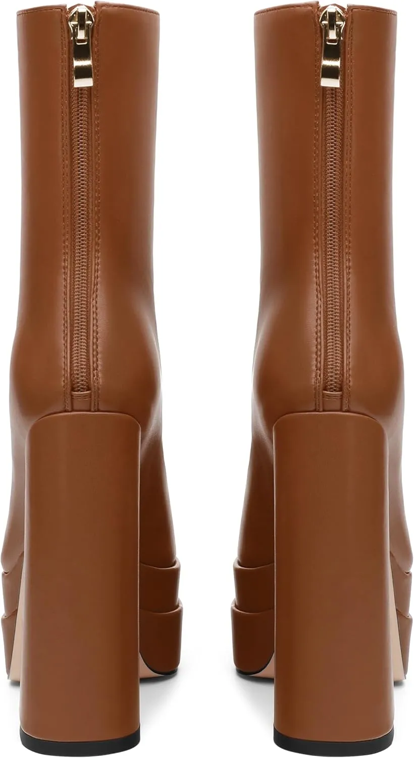 FOGEENA Platform Ankle Boots for Women Chunky Block Heel Pointed Toe Zipper 5.9 Inch Heeled Fall Boots Fashion Dating Party Evening Short Booties