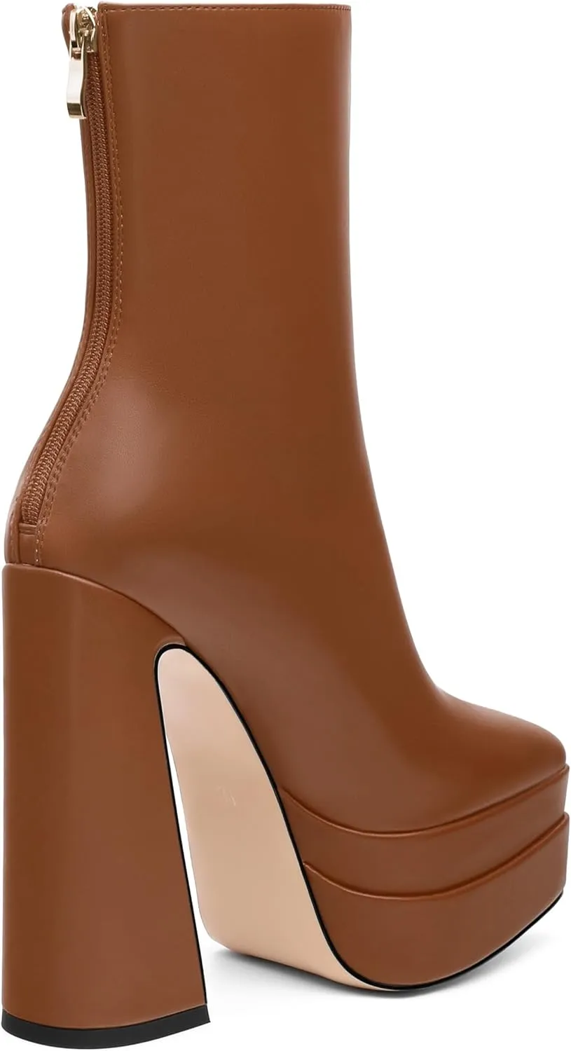 FOGEENA Platform Ankle Boots for Women Chunky Block Heel Pointed Toe Zipper 5.9 Inch Heeled Fall Boots Fashion Dating Party Evening Short Booties