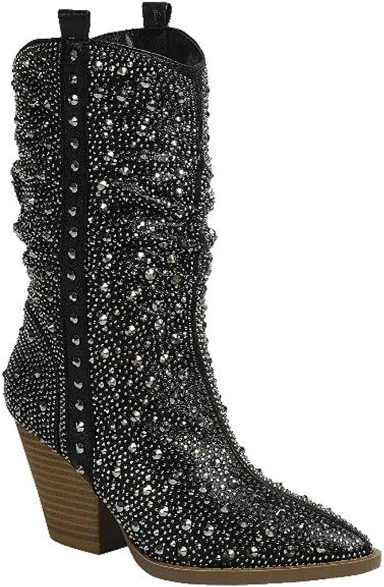 Forever Link Women's Rhinestone Cowboy Boots Western Mid Calf Boots