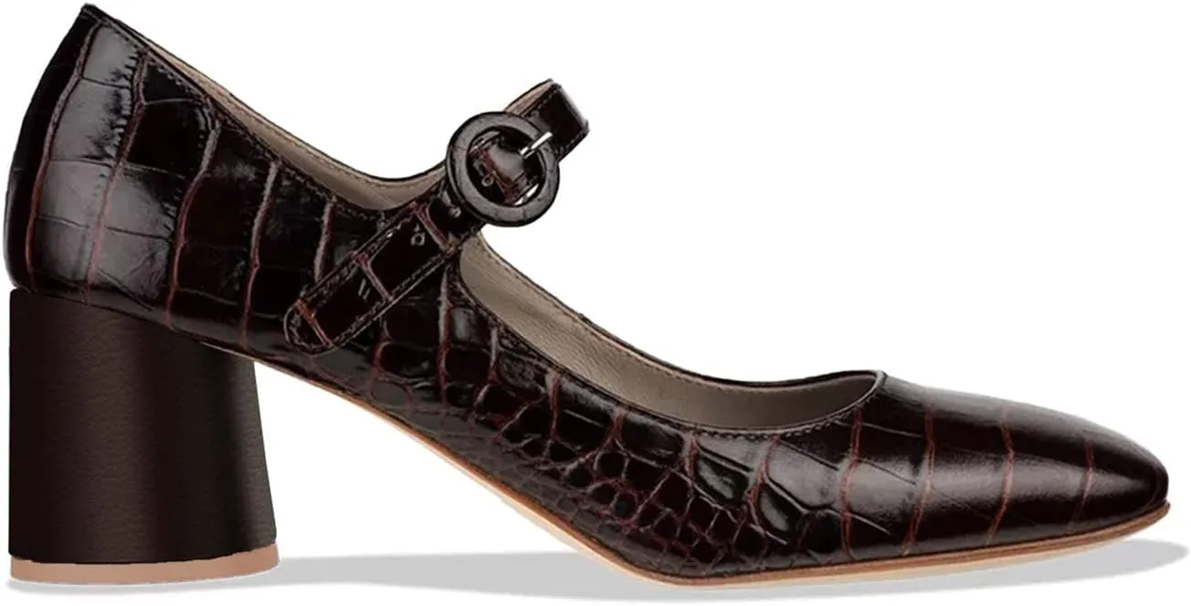 FOWT Crocodile Pattern Mary Jane Shoes for Women Snake Skin Mary Jane Pumps Ankle Buckle Straps Pump Square Toe Chunky Heels Uniform Dress Lolita Shoes Party, Blue Size 4-16