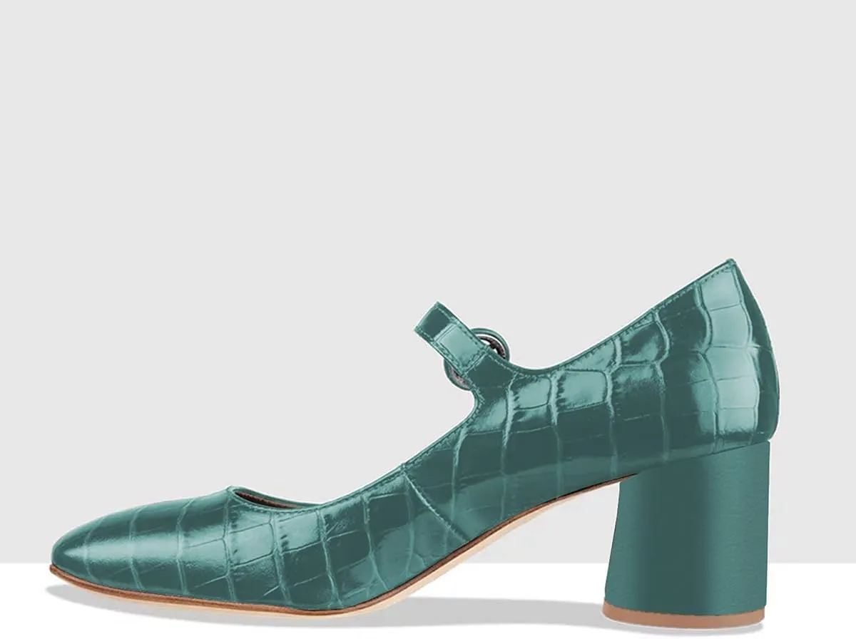 FOWT Crocodile Pattern Mary Jane Shoes for Women Snake Skin Mary Jane Pumps Ankle Buckle Straps Pump Square Toe Chunky Heels Uniform Dress Lolita Shoes Party, Blue Size 4-16