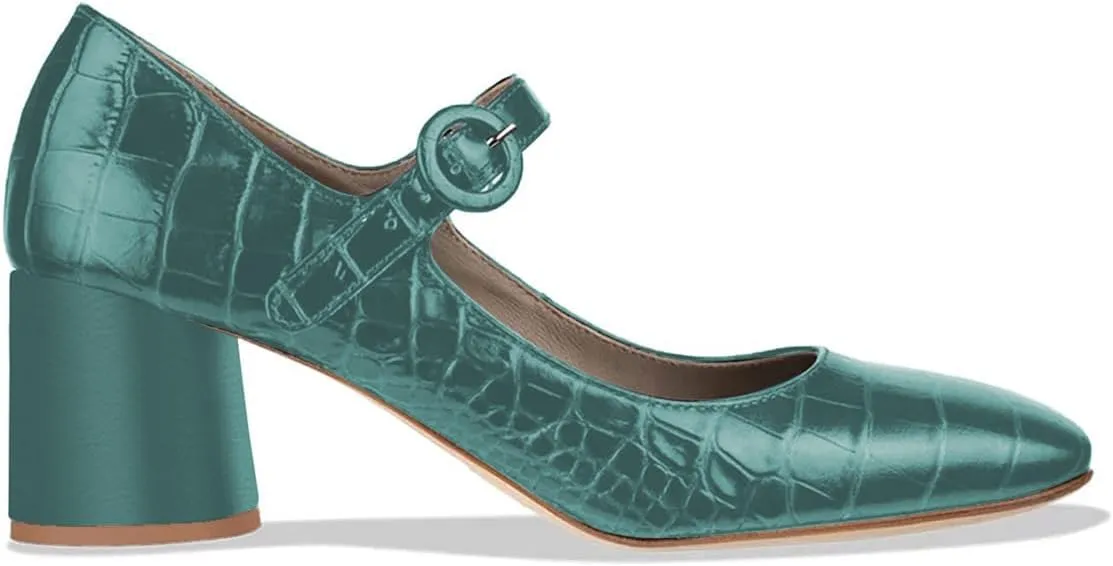 FOWT Crocodile Pattern Mary Jane Shoes for Women Snake Skin Mary Jane Pumps Ankle Buckle Straps Pump Square Toe Chunky Heels Uniform Dress Lolita Shoes Party, Blue Size 4-16