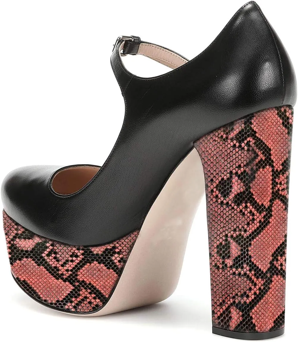 FOWT Crocodile Printing Mary Jane Shoes for Women High Platform Super High Heels Pumps Round Toe Ankle Buckle Straps Pumps Leather Uniform Dress Lolita Work Party Daily Size 4-16 US
