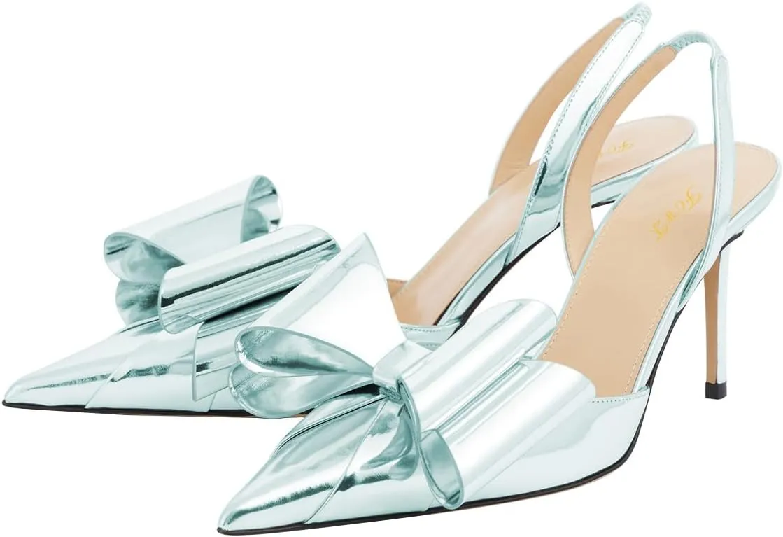 FOWT Women Bow Pointed Toe Pumps Kitten Mid Heel Slingbacks Slip on Elegant Evening Prom Shoes Size 4-16 US