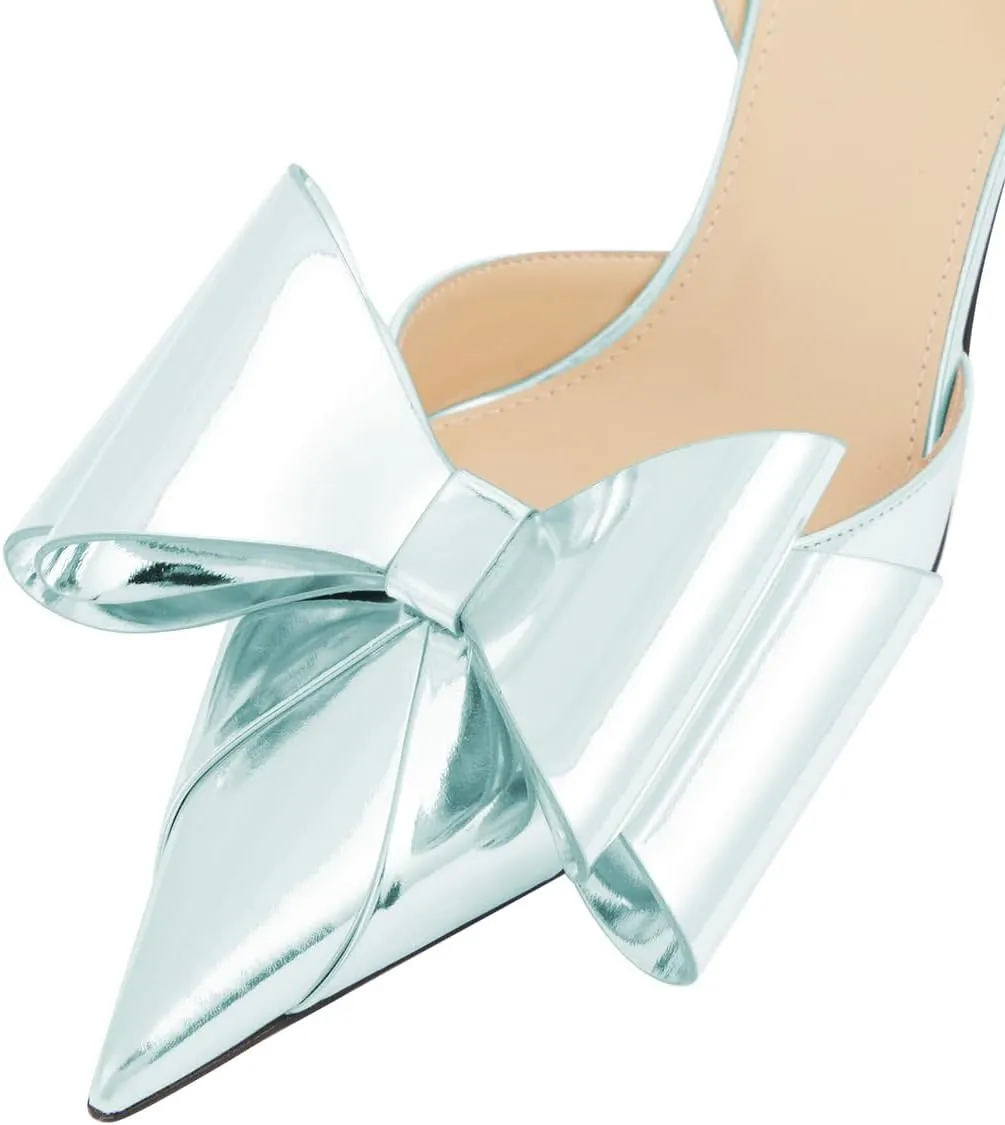 FOWT Women Bow Pointed Toe Pumps Kitten Mid Heel Slingbacks Slip on Elegant Evening Prom Shoes Size 4-16 US