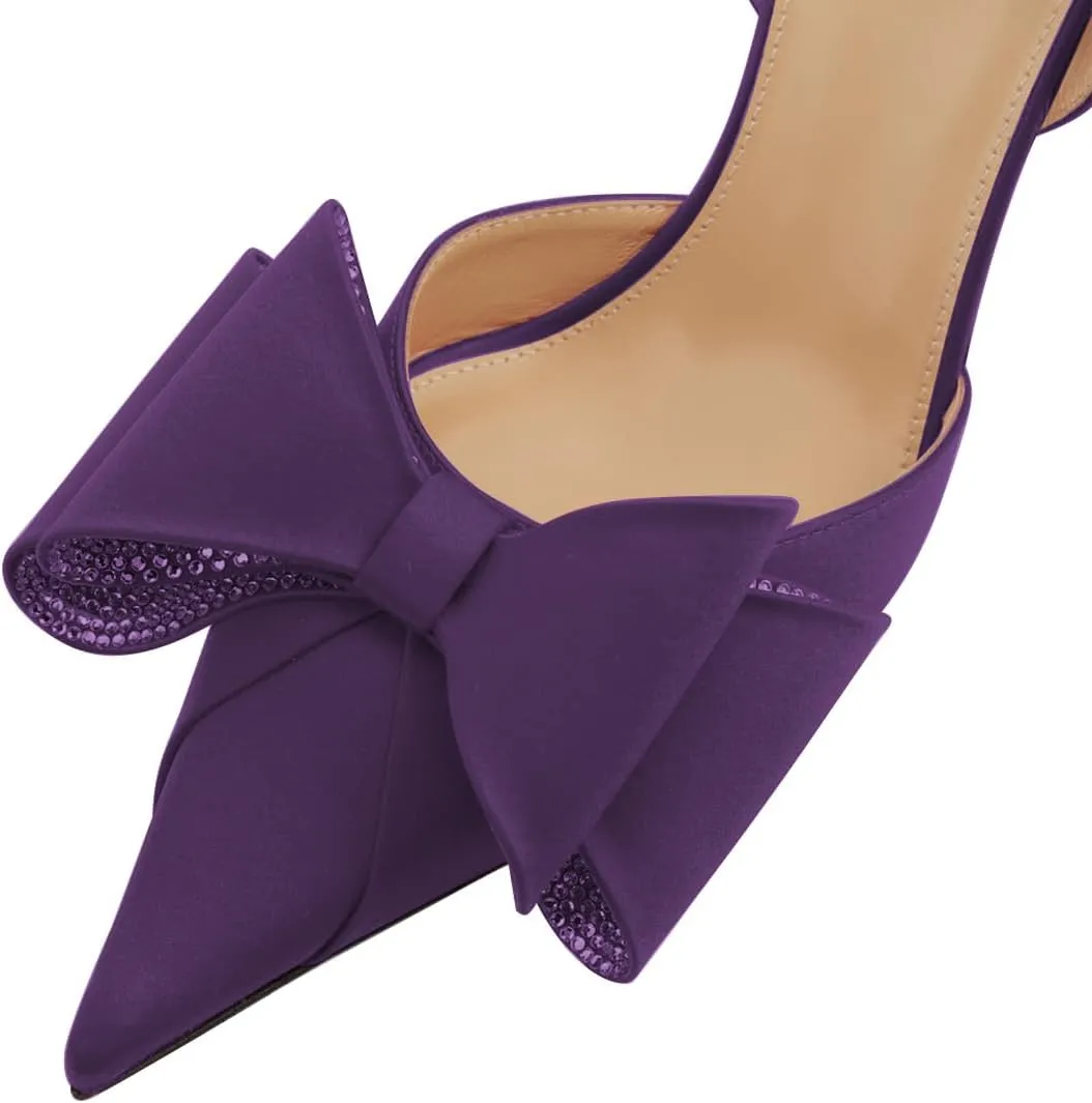 FOWT Women Bow Pointed Toe Pumps Kitten Mid Heel Slingbacks Slip on Elegant Evening Prom Shoes Size 4-16 US