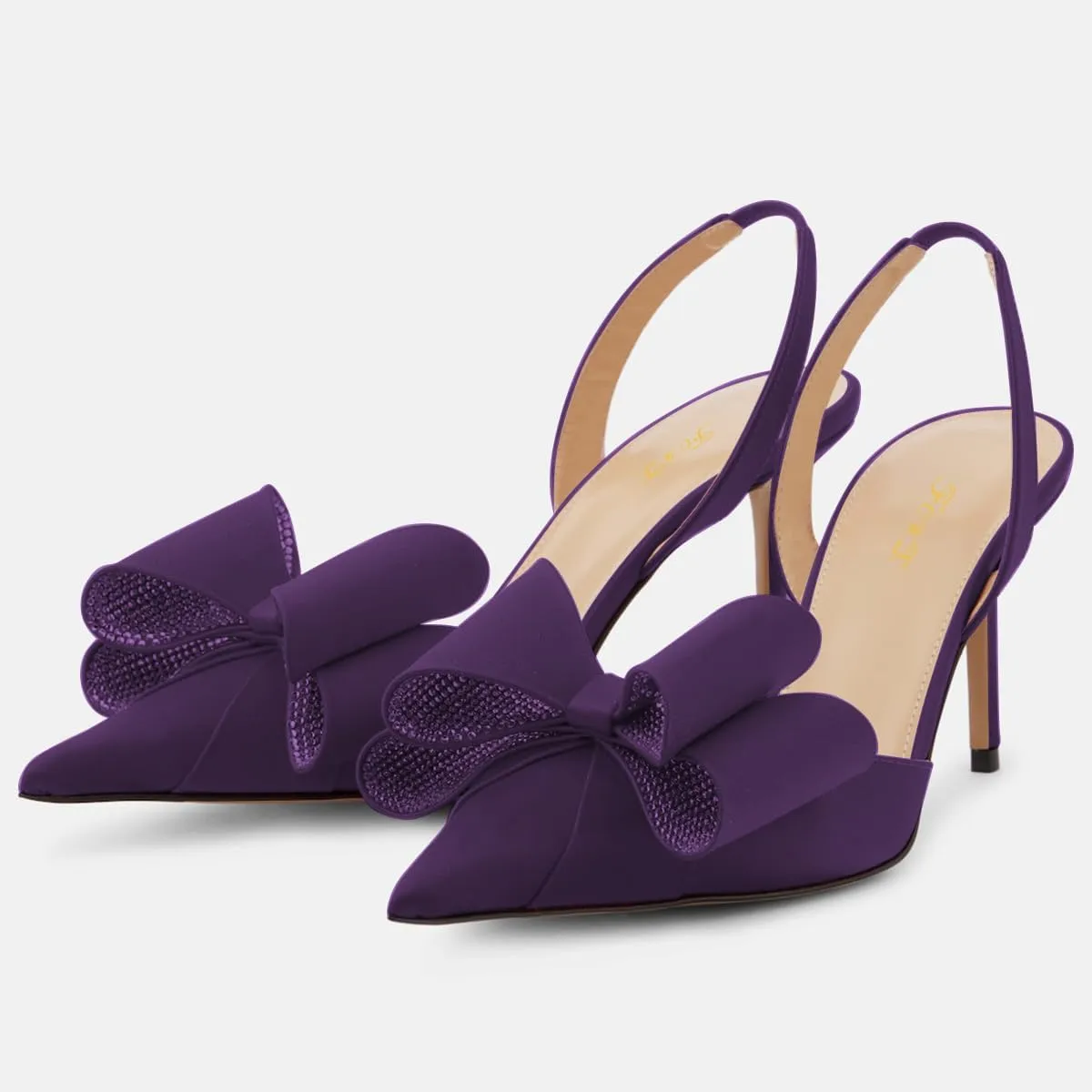 FOWT Women Bow Pointed Toe Pumps Kitten Mid Heel Slingbacks Slip on Elegant Evening Prom Shoes Size 4-16 US
