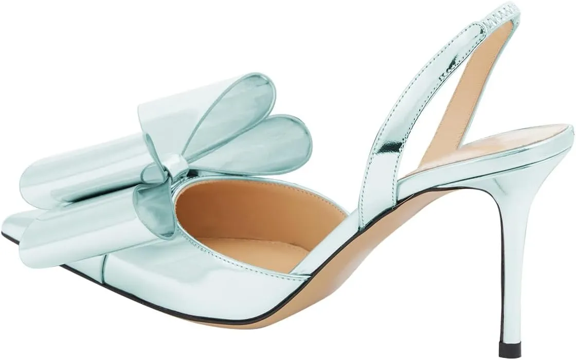 FOWT Women Bow Pointed Toe Pumps Kitten Mid Heel Slingbacks Slip on Elegant Evening Prom Shoes Size 4-16 US
