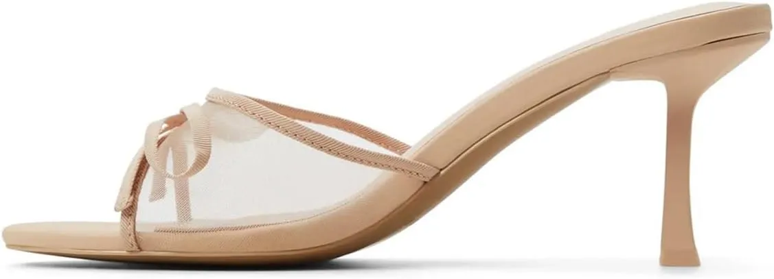 FOWT Women Bow Round Open Toe Mules Slip on Kitten Mid Heels Sexy Mesh Outfit Club Shoes Size 4-16 US