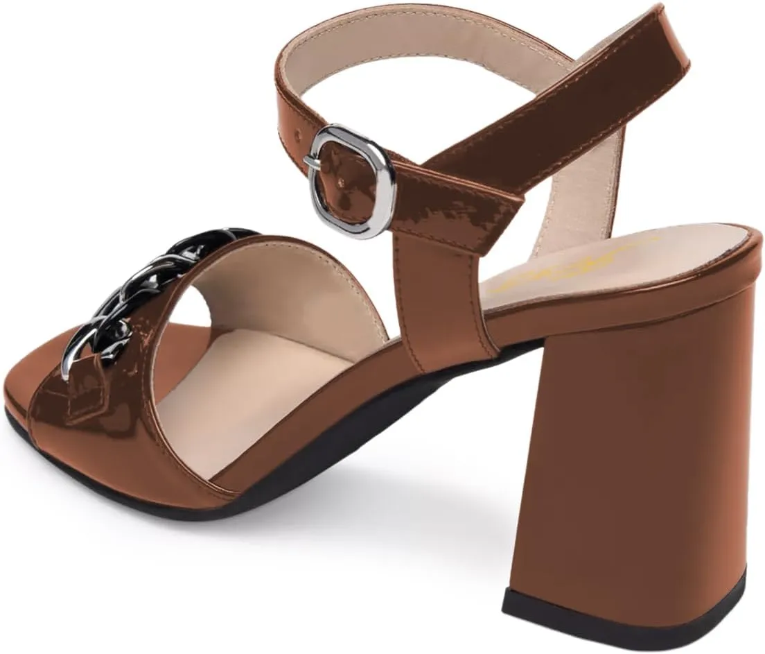 FOWT Women Chain Open Toe Ankle Strap Buckle Glossy Sandals Chunky High Heel Summer Prom Party Shoes Size 4-16 US