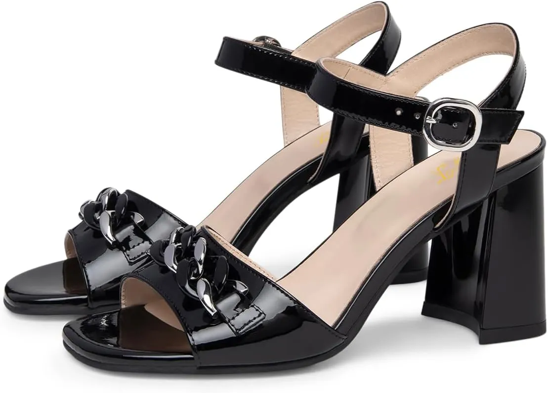FOWT Women Chain Open Toe Ankle Strap Buckle Glossy Sandals Chunky High Heel Summer Prom Party Shoes Size 4-16 US