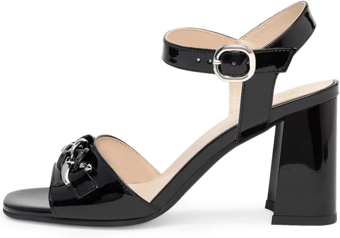 FOWT Women Chain Open Toe Ankle Strap Buckle Glossy Sandals Chunky High Heel Summer Prom Party Shoes Size 4-16 US