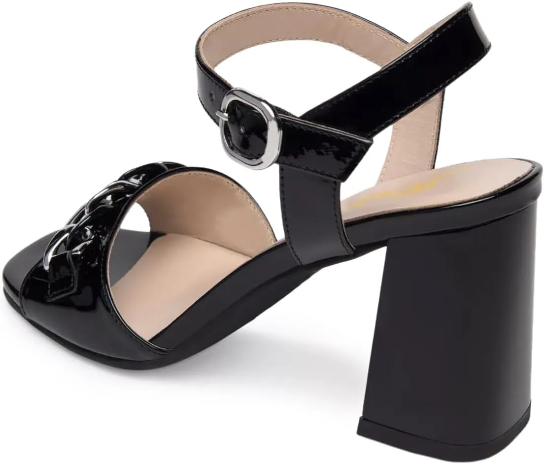FOWT Women Chain Open Toe Ankle Strap Buckle Glossy Sandals Chunky High Heel Summer Prom Party Shoes Size 4-16 US