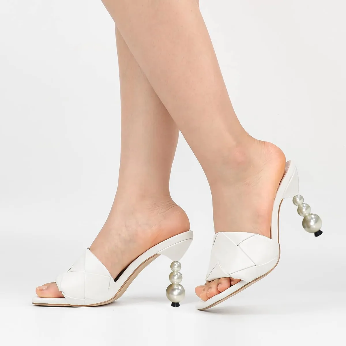 FOWT Women Cool Square Open Toe Mules Pearl Block High Heel Slippers Slip on Braid Summer Club Shoes Size 4-15 US