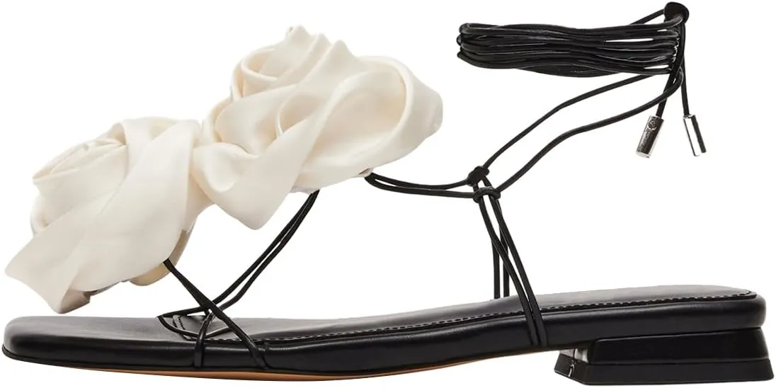 FOWT Women Flowers Open Toe Sandals Sexy Lace up Flats Dressy Summer Wedding Prom Party Shoes Size 4-16 US