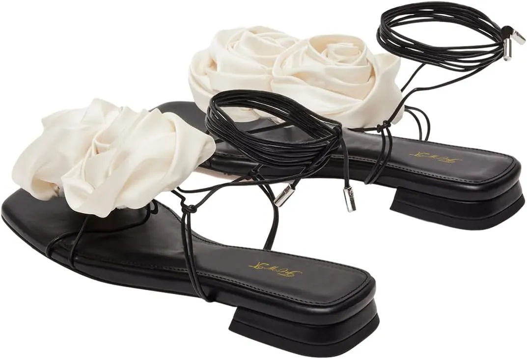FOWT Women Flowers Open Toe Sandals Sexy Lace up Flats Dressy Summer Wedding Prom Party Shoes Size 4-16 US