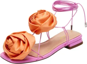 FOWT Women Flowers Open Toe Sandals Sexy Lace up Flats Dressy Summer Wedding Prom Party Shoes Size 4-16 US