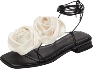 FOWT Women Flowers Open Toe Sandals Sexy Lace up Flats Dressy Summer Wedding Prom Party Shoes Size 4-16 US
