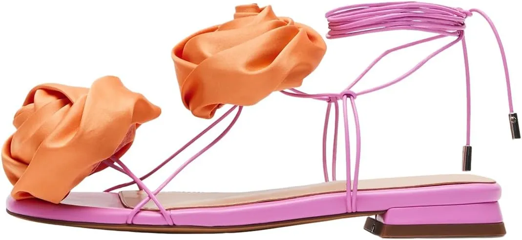 FOWT Women Flowers Open Toe Sandals Sexy Lace up Flats Dressy Summer Wedding Prom Party Shoes Size 4-16 US