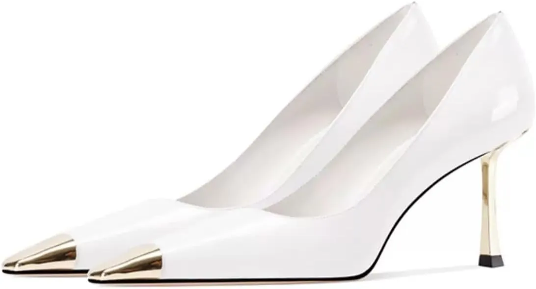 FOWT Women Metal Sqaure Cap Toe Pumps Slip on Gold Stiletto High Heels Party Dating Formal Wear Shoes Size 4-16 US