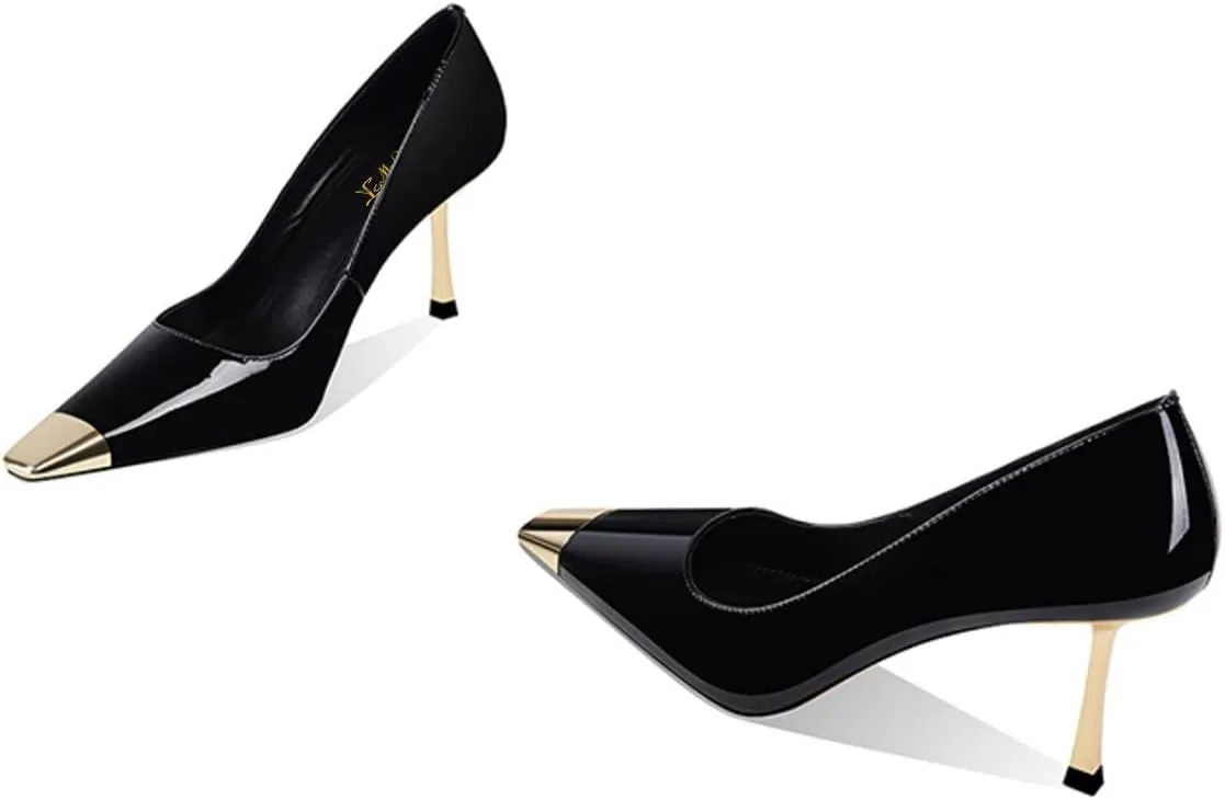 FOWT Women Metal Sqaure Cap Toe Pumps Slip on Gold Stiletto High Heels Party Dating Formal Wear Shoes Size 4-16 US