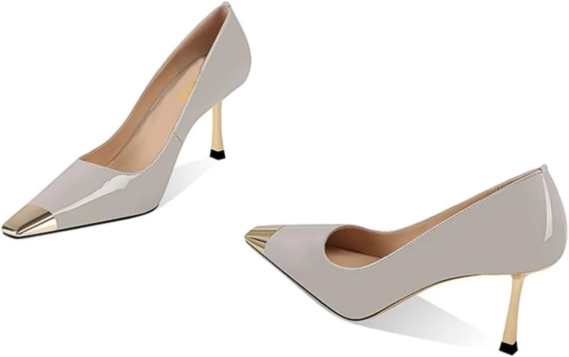 FOWT Women Metal Sqaure Cap Toe Pumps Slip on Gold Stiletto High Heels Party Dating Formal Wear Shoes Size 4-16 US