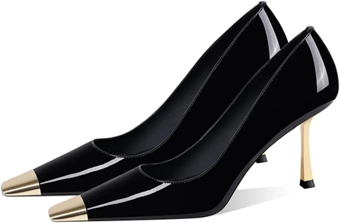 FOWT Women Metal Sqaure Cap Toe Pumps Slip on Gold Stiletto High Heels Party Dating Formal Wear Shoes Size 4-16 US