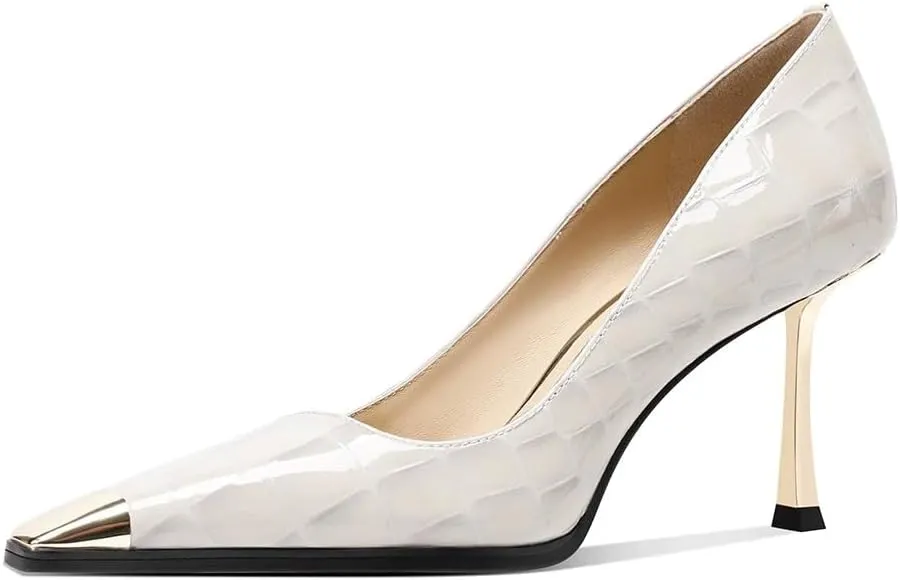 FOWT Women Metal Sqaure Cap Toe Pumps Slip on Gold Stiletto High Heels Party Dating Formal Wear Shoes Size 4-16 US