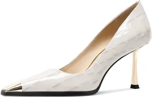 FOWT Women Metal Sqaure Cap Toe Pumps Slip on Gold Stiletto High Heels Party Dating Formal Wear Shoes Size 4-16 US