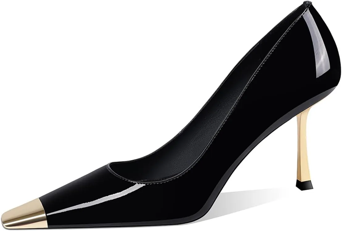 FOWT Women Metal Sqaure Cap Toe Pumps Slip on Gold Stiletto High Heels Party Dating Formal Wear Shoes Size 4-16 US