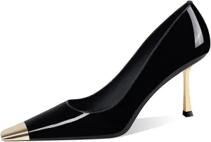 FOWT Women Metal Sqaure Cap Toe Pumps Slip on Gold Stiletto High Heels Party Dating Formal Wear Shoes Size 4-16 US