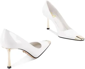 FOWT Women Metal Sqaure Cap Toe Pumps Slip on Gold Stiletto High Heels Party Dating Formal Wear Shoes Size 4-16 US