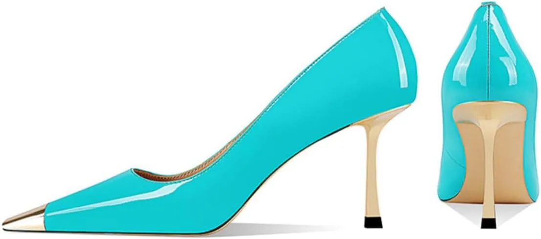 FOWT Women Metal Sqaure Cap Toe Pumps Slip on Gold Stiletto High Heels Party Dating Formal Wear Shoes Size 4-16 US