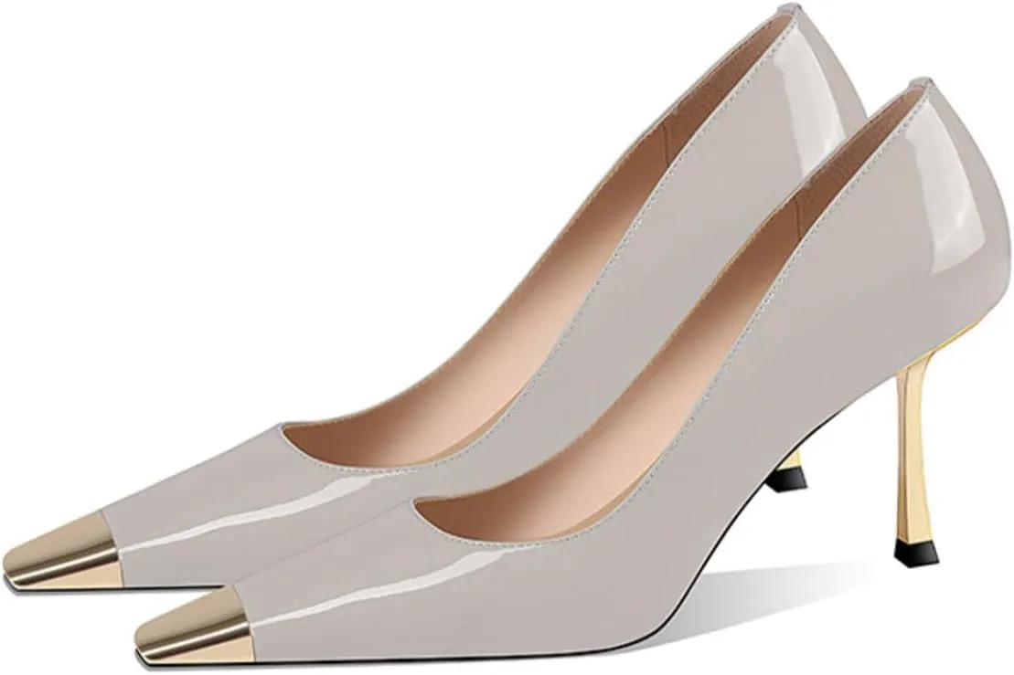 FOWT Women Metal Sqaure Cap Toe Pumps Slip on Gold Stiletto High Heels Party Dating Formal Wear Shoes Size 4-16 US